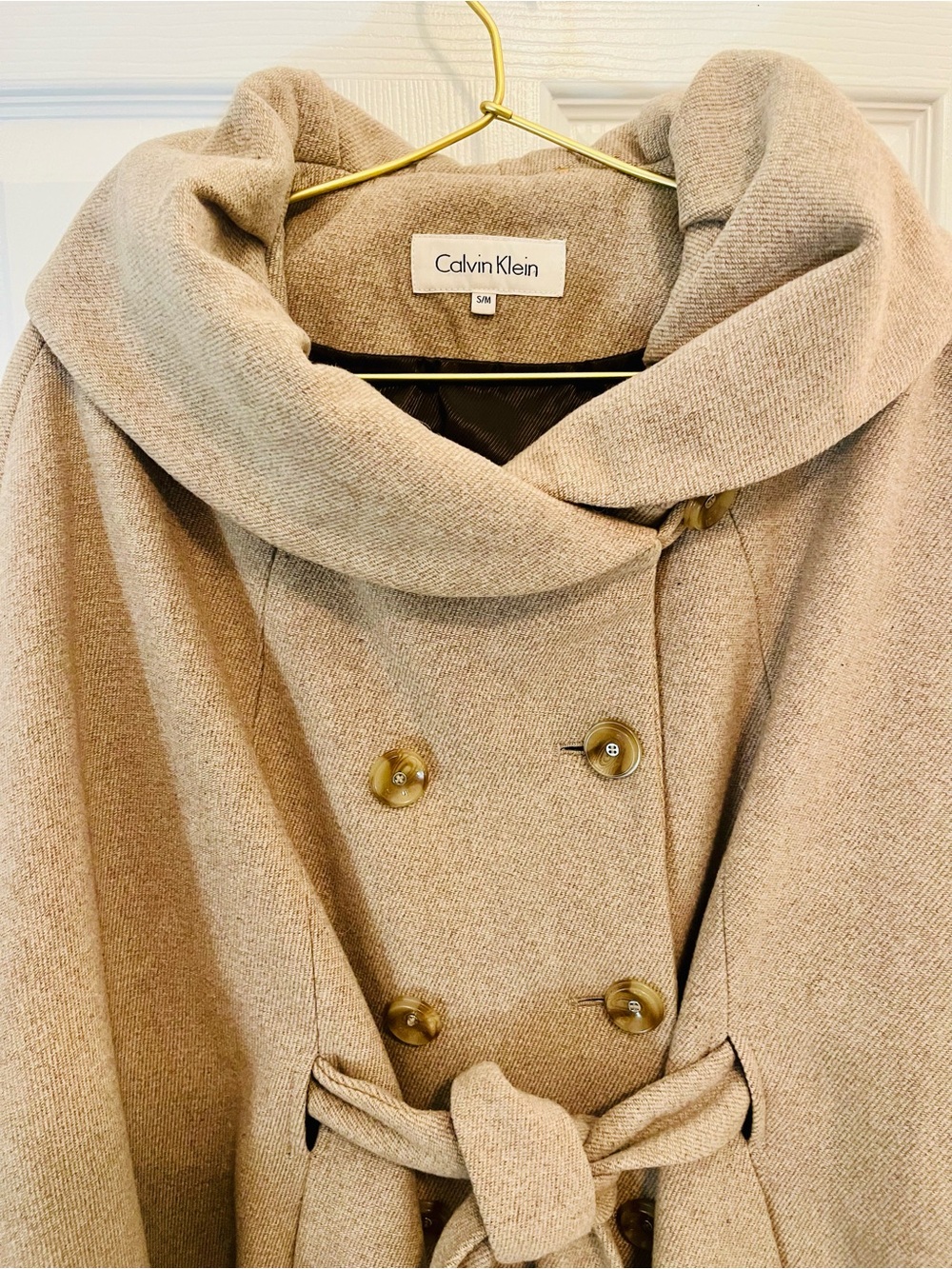 Calvin Klein Beige Belted Cape Coat S/M Double Breasted Oversized Collar - Picture 4 of 10